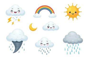 cloud rain weather cartoon cute set. cloud, sun, moon weather character with smile and angry face. h