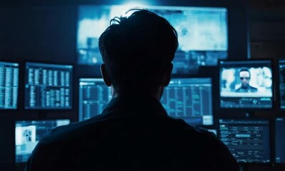 a hacker or it professional sitting in front of multiple monitors, with a dark silhouette.