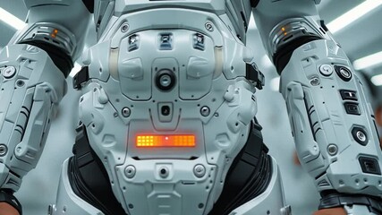 Aufkleber - This futuristic robotic exoskeleton is displayed in a modern laboratory setting, showcasing innovation. Exoskeleton