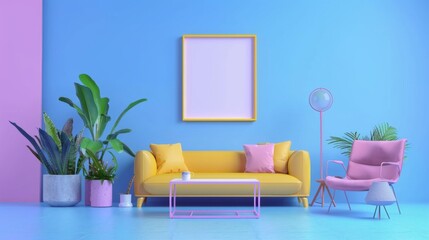 Interior desgin of modern living room interior with mock up poster frame, colorful decorations and accessories, plants, sofa, coffee table. Blue wall. Home decor 