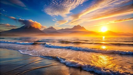 Poster - Golden Hour Waves Crashing on a Sandy Beach, Silhouetted by a Mountain Range and a Dramatic Sunset Sky