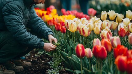 Sticker - Gardener Carefully Tending Vibrant Tulip Flower Bed in Blooming Garden