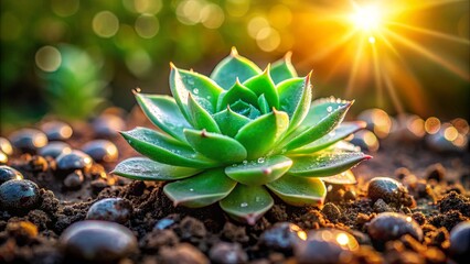 Wall Mural - A succulent plant with dew drops, bathed in the golden light of the setting sun, surrounded by smooth, dark stones