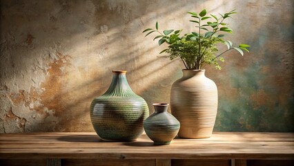 Poster - A Still Life Featuring Three Ceramic Vases with a Green Plant in the Background, All Sitting on a Rustic Wooden Table