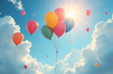 Wall Mural - Colorful balloons floating up into cloudy sky with sunlight breaking through