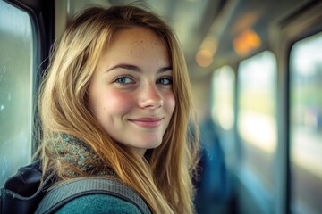 A woman peers out of a window while carrying a backpack, potentially preparing for a trip or adventure