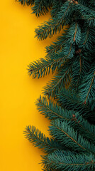 Aesthetic yellow christmas background with fresh dark green fir branches, copy space. Generative AI