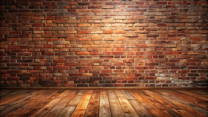 Canvas Print - A weathered brick wall with a soft light illuminating the top portion, providing a backdrop for a worn wooden floor with a natural grain pattern.