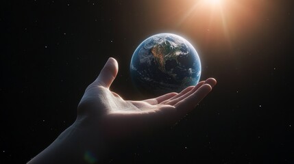 Wall Mural - a hand reaches for earth, echoing genesis creation of light over the waters of the universe