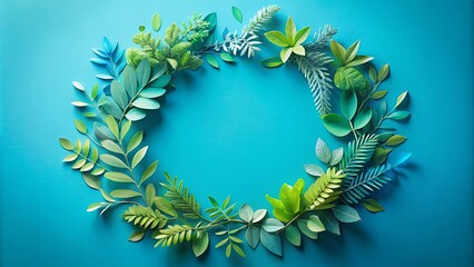 Wall Mural - A circular arrangement of vibrant green leaves, carefully positioned to create a natural, organic frame on a tranquil blue background.