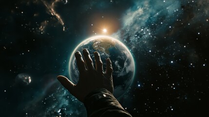 Wall Mural - a hand reaching towards earth the divine act of creation from genesis and the birth of light