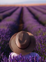 Canvas Print - Lavender Fields with Straw Hat Capturing Large Scale Gardening Beauty and Tranquility