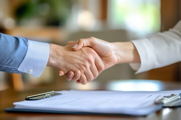 Two people shake hands over a signed contract, signifying a successful deal.