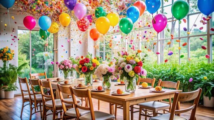 Colorful vibrant atmosphere depicted through balloons flowers and confetti scattered around empty chairs and table setting awaiting joyful gathering of friends and family celebration.