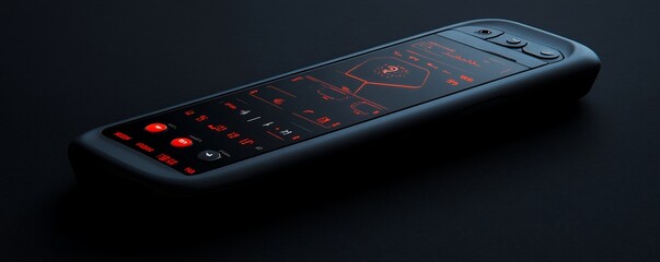 A sleek black remote control with a digital display and red buttons lies on a dark surface.