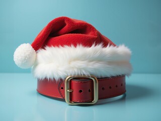 Red santa claus hat sitting on top of red leather belt