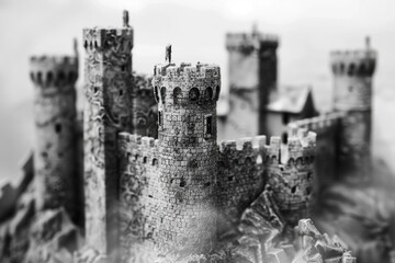 A historic castle with stone walls and towers in a black and white photograph