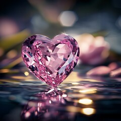 Sparkling pink heart shaped diamond on a reflective surface with floral bokeh, luxury and romance concept