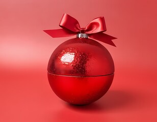 Red Christmas ornament hanging from a ribbon against a soft background during the holiday season