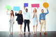 © Koegelenberg Coop/peopleimages.com - Business, employees and smile in row with speech bubble on portrait for marketing, advertising or social media. People, candidates and communication with mockup space and quote in white background