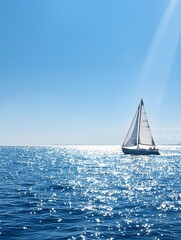 Poster - Sailboat Gliding Across the Open Ocean Under Clear Blue Skies