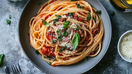 Delicious Overhead View of Generously Served Pasta