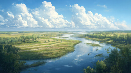 Wall Mural - A wide river meandering through fields, with a clear blue sky above and fluffy clouds.