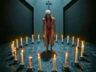 Canvas Print - A woman in a white robe stands in front of a circle of candles with red wax dripping from them