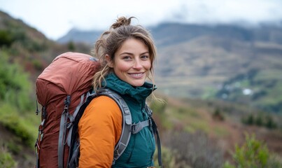 Female hiker standing on a hill, Generative AI