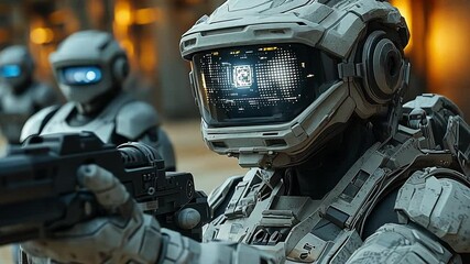 Aufkleber - This Advanced soldiers in high-tech gear are training indoors, focusing on their targets with precision. Exoskeleton