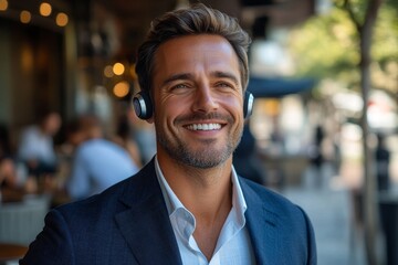 Cheerful businessman having a conference call using earbuds, Generative AI