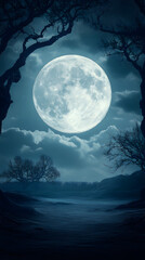 full moon night landscape: mystical silhouette of trees under a bright moon
