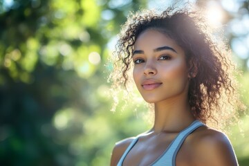 Woman in her 30s prepares to start her exercise routine on a sunny summer day, Generative AI