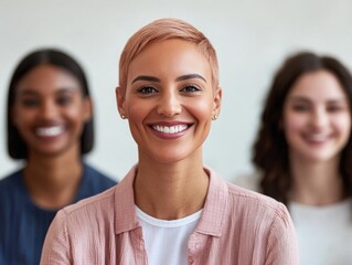 A smiling woman with short pink hair stands in front of two women, showcasing a positive and diverse atmosphere.