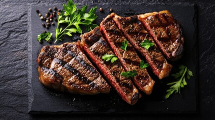 Sliced Bone Steak on Black Slate Plate