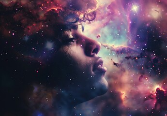 Black Man Gazing Upward Surrounded by Vibrant Galaxies and Nebulas