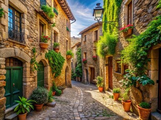  Candid photography captures the timeless charm of Perelada's medieval village streets, showcasing cobblestone pathways, historic architecture, scenic views, and a rustic atmosphere.