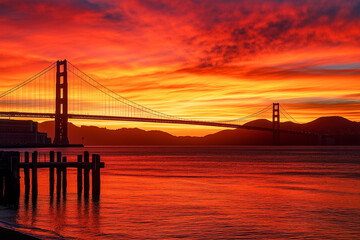 The bridge is orange and the sky is red