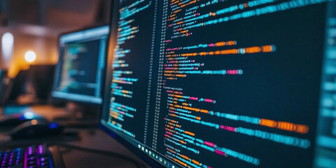 A sleek dual-monitor setup displaying complex programming code, data, and world maps in a high-tech software engineering environment, representing innovation and cybersecurity.