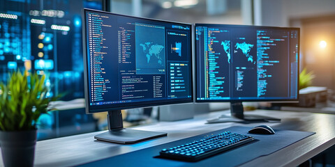 A sleek dual-monitor setup displaying complex programming code, data, and world maps in a high-tech software engineering environment, representing innovation and cybersecurity.