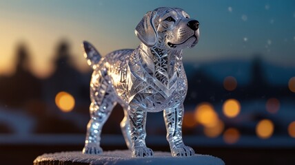 Wall Mural - A crystal dog figurine stands on a snowy surface with a blurred background of warm lights and trees.