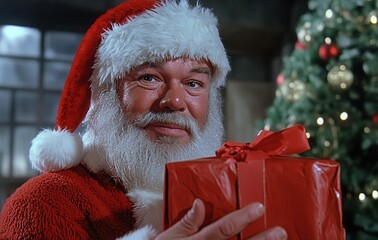 Santa Claus offering a beautifully wrapped gift box in front of a glowing Christmas tree with warm festive lights and holiday cheer