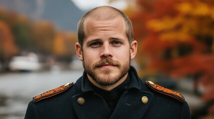 Wall Mural - A man with a mustache and a military uniform. He is standing in front of a river. The man has a serious expression on his face