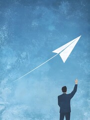 Wall Mural - Businessman Launching Paper Airplane Towards Distant Target Representing Careful Launch of Ideas Aimed at Achieving Goals