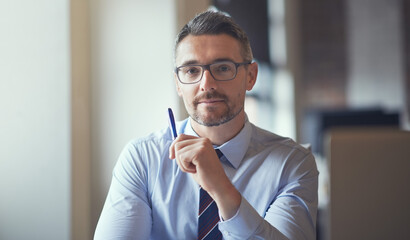 Canvas Print - Portrait, pen and mature business man with company experience, pride and career in office. Face, serious and expert manager, professional or tax consultant with glasses at enterprise in Netherlands