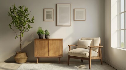 Poster - A contemporary living room featuring a simple wooden cabinet, a comfortable armchair with a soft cushion, and framed photos on the wall above the cabinet.