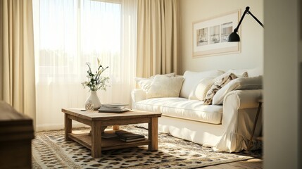 Poster - A cozy living room with a soft white sofa, a patterned rug, and a wooden coffee table, complemented by light-colored curtains and a stylish floor lamp.