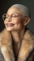 Wall Mural - A woman with a shaved head and glasses is smiling. She is wearing a fur coat and has a fur collar