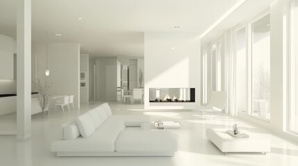 Poster - A cozy white apartment living room with a modern fireplace, white walls, and minimalist white furniture, creating a sophisticated yet welcoming environment.