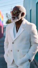 Wall Mural - A man in a white jacket with a beard and glasses stands on a sidewalk. He is wearing a necklace and a watch